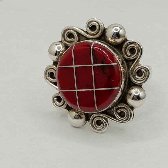 Red Jasper Inlay Sterling Silver Adjustable Ring - Picture 1 of 5
